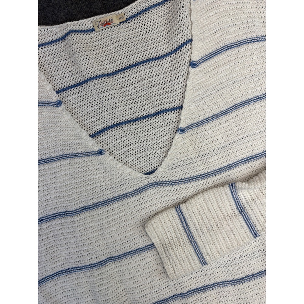 Faherty Sweater Womens Medium‎ White Blue Striped V-Neck Cotton Bamboo Open Knit
